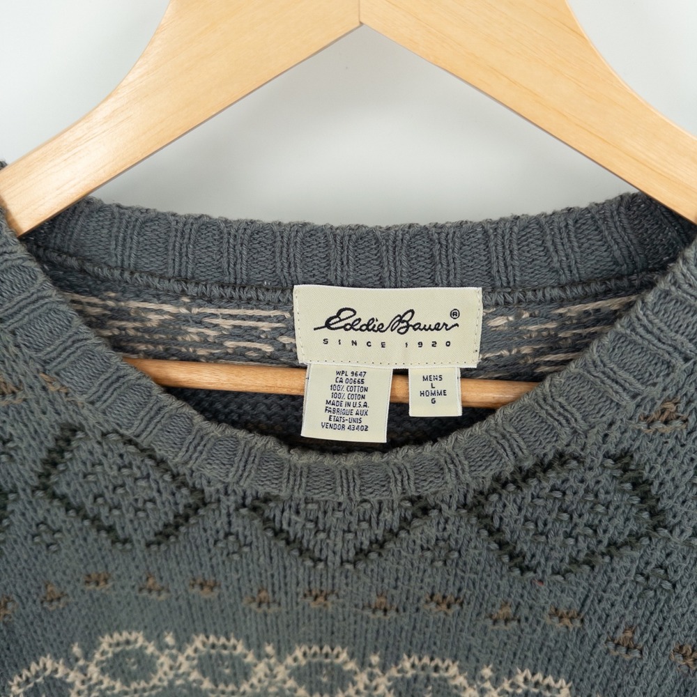 Vintage Eddie Bauer Knit Sweater Mens Large 90s Oversized Fair Isle Grandpa Gray - Picture 6 of 10